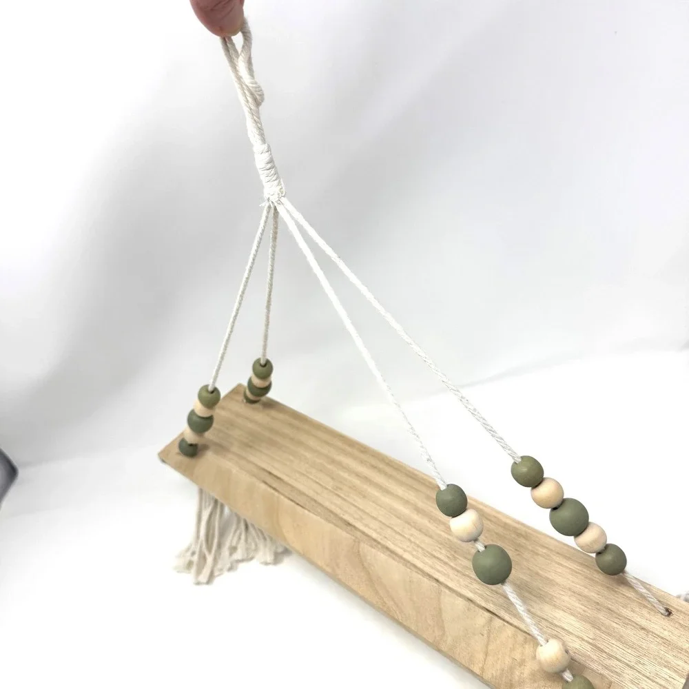 Macrame Hanging Wall Shelf Wood Swing Floating Boho Sage Green Bead Tassel Decor